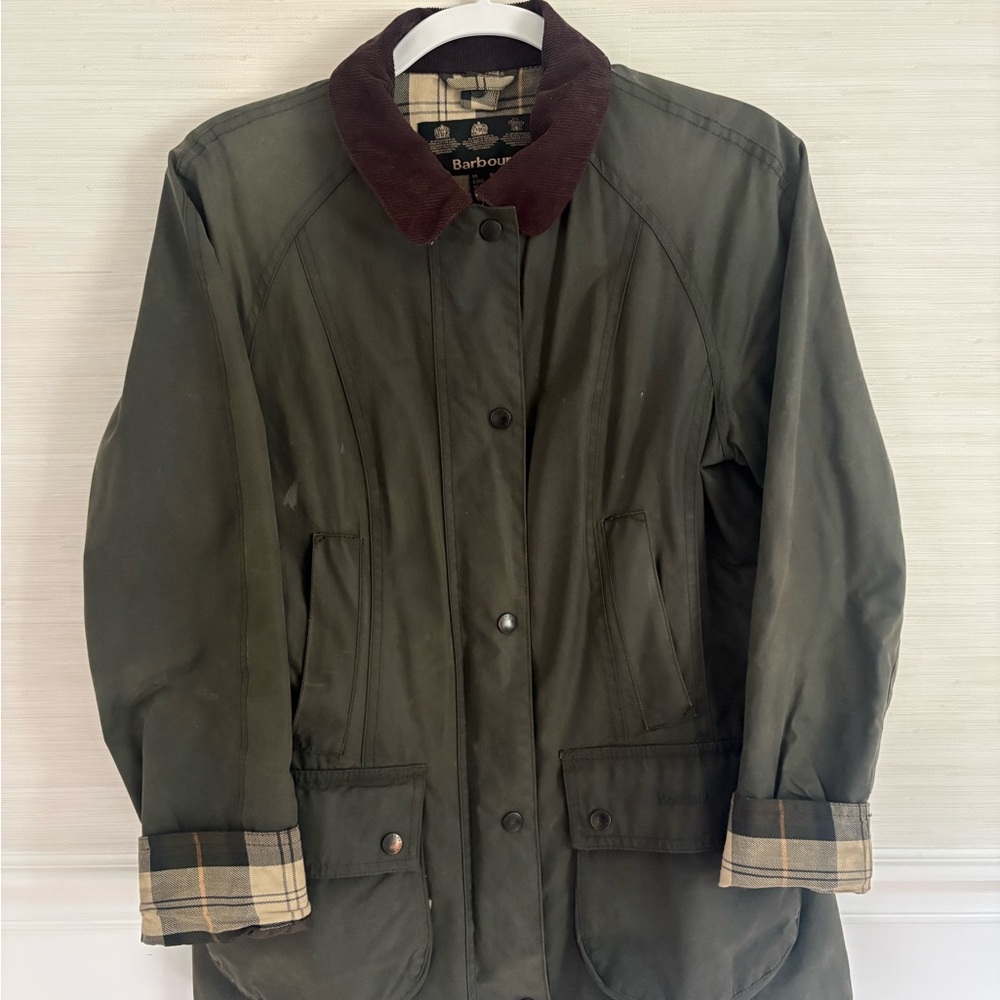 Barbour Dark Olive Waxed Cotton Trench Coat with Brown Corduroy Collar